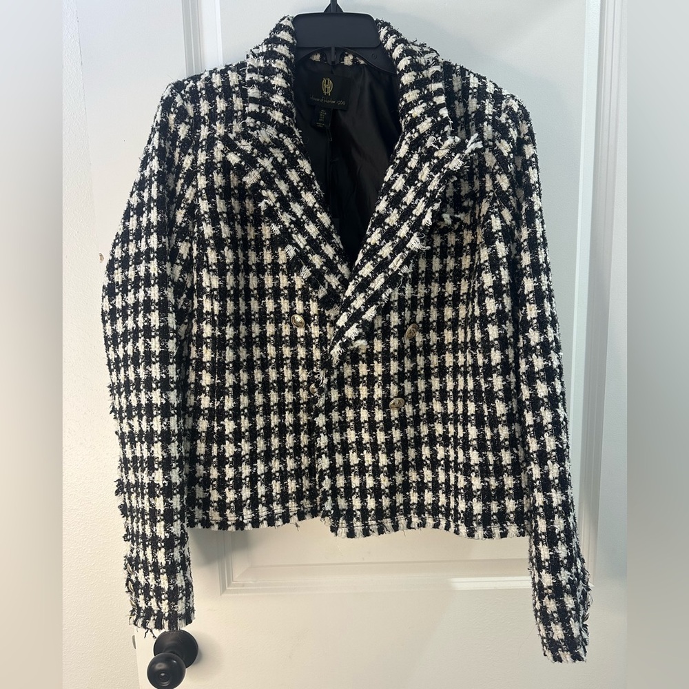 House of Harlow 1960 Cropped Tweed Blazer Black White Houndstooth Size L NWT